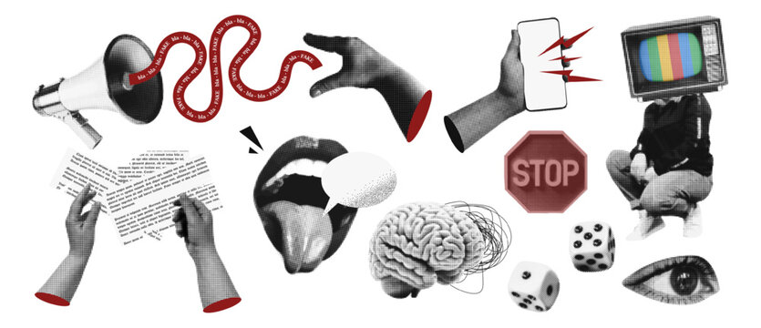 Fake news. Vintage collage conception. Retro halftone brain, loudspeaker, telephone, newspaper mouth, hand, TV, eye. Propaganda misinformation. Vector background.