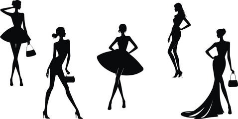 Obraz premium Diverse Fashion Silhouettes: Stylish Women in Various Poses for Design, Apparel, and Beauty Projects, Ideal for Elegant Lifestyle and Glamour Concepts. flat vector illustration