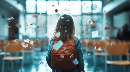 A young girl with a backpack stands still in a classroom as paper debris floats around, creating a surreal atmosphere that captures a feeling of uncertainty and imagination.