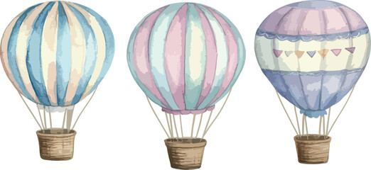 Watercolor Illustration of Three Hot Air Balloons in Pastel Colors with Striped Patterns and Baskets Isolated on a White Background for Baby Shower and Nursery