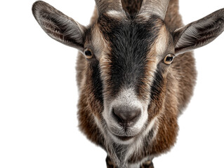 Fototapeta premium A captivating portrait of a goat, its brown and white coat and inquisitive eyes peering directly at the viewer.