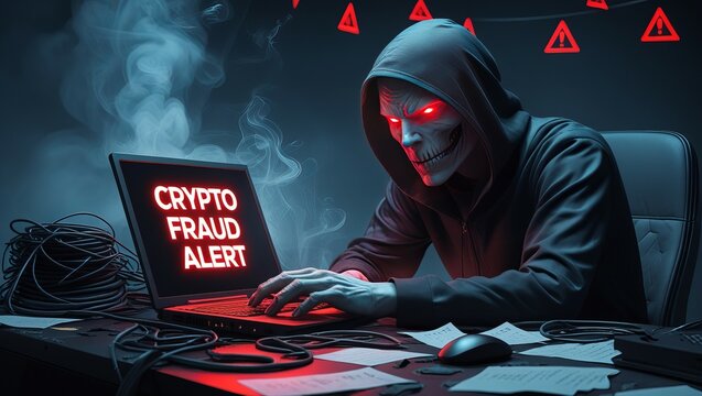 A mysterious figure with a skull mask sits at a desk, illuminated by a laptop displaying 'Crypto Fraud Alert' in red.