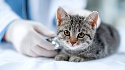 A cute tabby kitten is receiving care at a veterinary clinic. The attentive veterinarian uses a stethoscope to check its health. The image captures a tender moment in animal care. AI