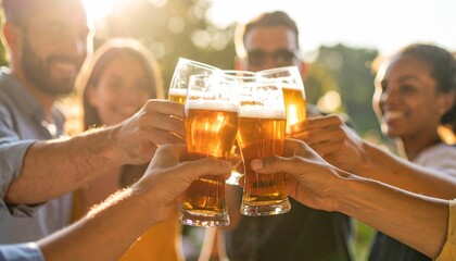 Un brindis entre amigos con vasos de cerveza durante una celebración. Fiesta, alcohol, amistad, alegría