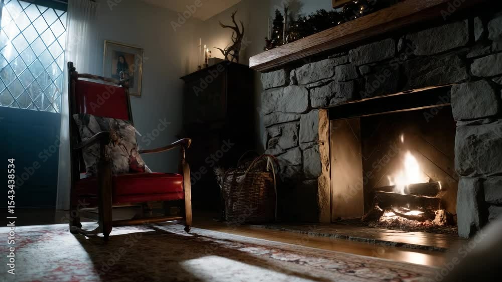 Poster red armchair in front of a stone fireplace with christmas decorations and warm light from the fire c