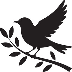Silhouette of a bird perched on a branch with leaves against a white background in a graphic style