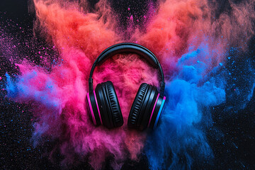 Headphones Surrounded by Color Powder – Creative Sound Concept

