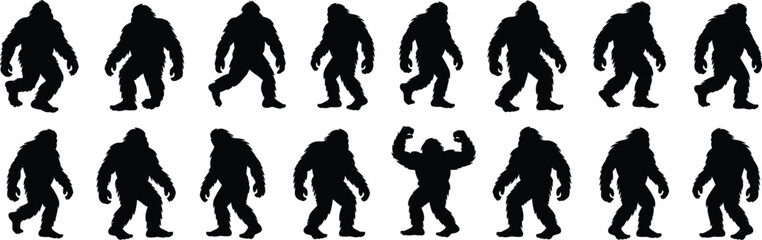 Mysterious Bigfoot Silhouettes: Cryptid Sasquatch Figures in Black and White, Ideal for Fantasy and Adventure Design flat vector illustration
