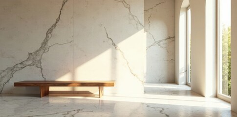 Sunlit minimalist hallway Wooden bench against a marble wall , interior design, entrance, hallway