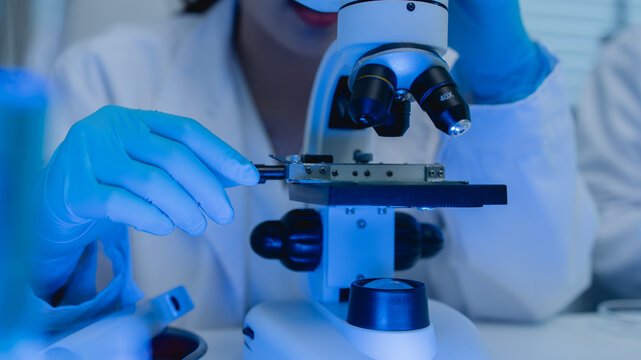 two scientists are working together to find a new antiviral drug, two chemists are using scientific tools to study science, microscope, working in the lab, researchers' work in the laboratory