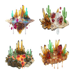 Floating crystal islands desert landscape vibrant cacti glistening gems dripping amber, smooth glossy surface rich color palette gold teal crimson green and hints of brown.