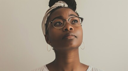Thoughtful young woman wearing glasses and a headscarf looking up in contemplation.
