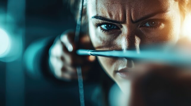 A determined female archer focuses intently while aiming her bow, capturing the intensity of concentration and strength, symbolizing perseverance and the pursuit of goals.