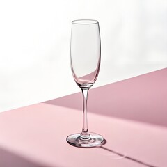 Obraz premium Single champagne flute standing on pastel pink, casting soft shadow, white background