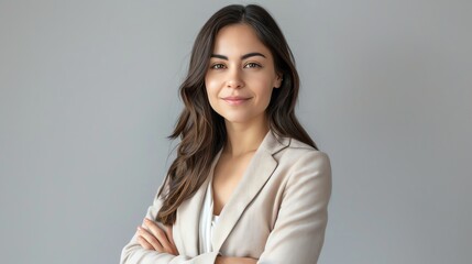Confident and successful young businesswoman standing with arms crossed.