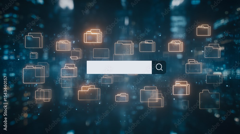 Poster data search interface: a digitally enhanced visualization showcasing a search bar surrounded by file
