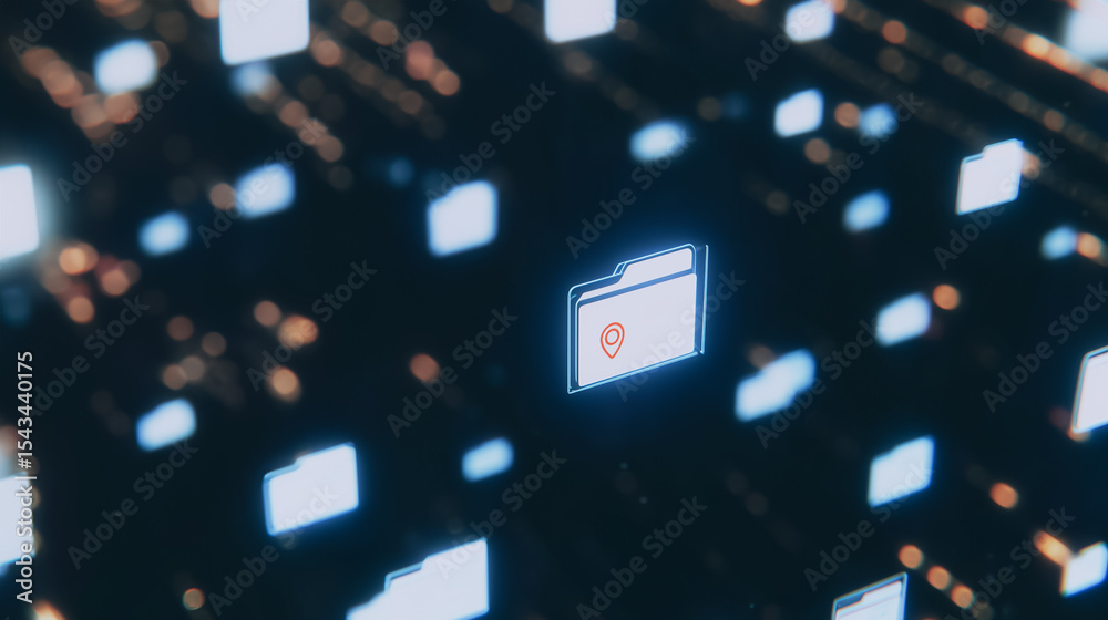 Poster digital data security: illuminated file icon in a complex digital landscape, symbolizing secure data