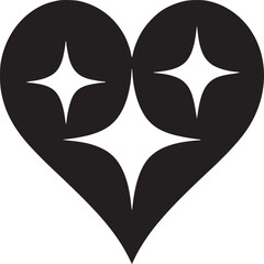 Black heart shape with four white stars inside on a white background in a simple graphic design
