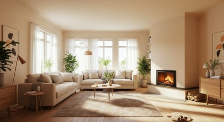 Modern living room with neutral tones, textured accents, and sculptural decor. A serene space designed for relaxation.