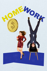 Template poster trend 3D photo collage of coins money home work manager career remote office young...
