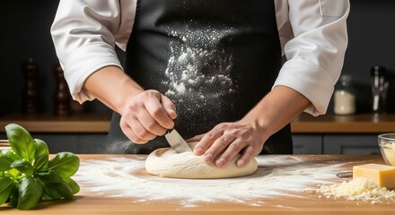 Chef Kneading Cream Dough on Wooden Tabletop with Knife