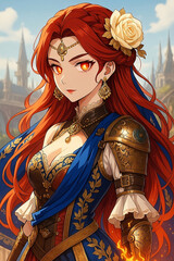 Enchanting Sorceress with Fiery Eyes and Golden Armor