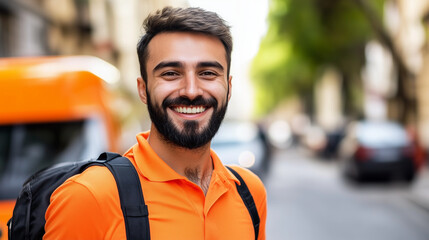 Smiling delivery professional in orange, exuding warmth and approachability, embodying reliable service with a personal touch.