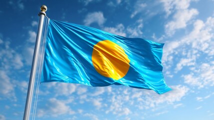 Celebrating independence day with the vibrant flag of Palau waving against a blue sky