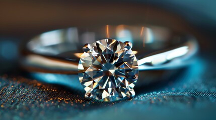 Exquisitely cut and polished round diamond sparkles and shines against a deep blue background.