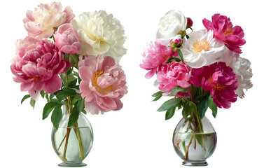Obraz premium Peony flowers in a glass vase, in pink and white colors, with a transparent background