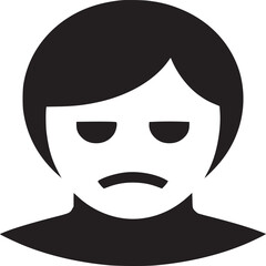 Black and white graphic of a person with a sad expression and short hair on a white background