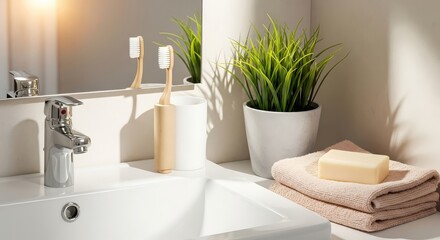 Fototapeta premium Clean Bathroom Sink with Toothbrushes Soap and Green Plant Pot
