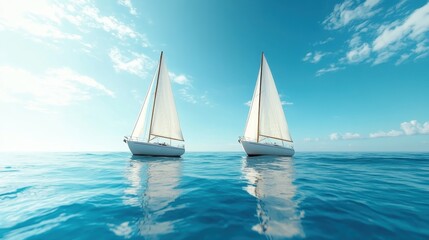 Fototapeta premium Two beautiful sailboats glide effortlessly on a tranquil blue sea, under the clear sky, symbolizing freedom and the beauty of sailing across open waters.