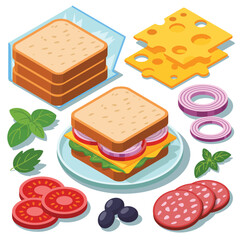 Isometric sandwich ingredients cheese bread tomato onion