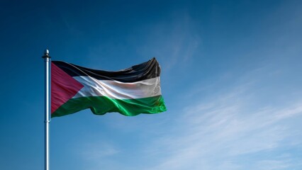 Palestinian flag waving proudly on Independence Day against a clear blue sky