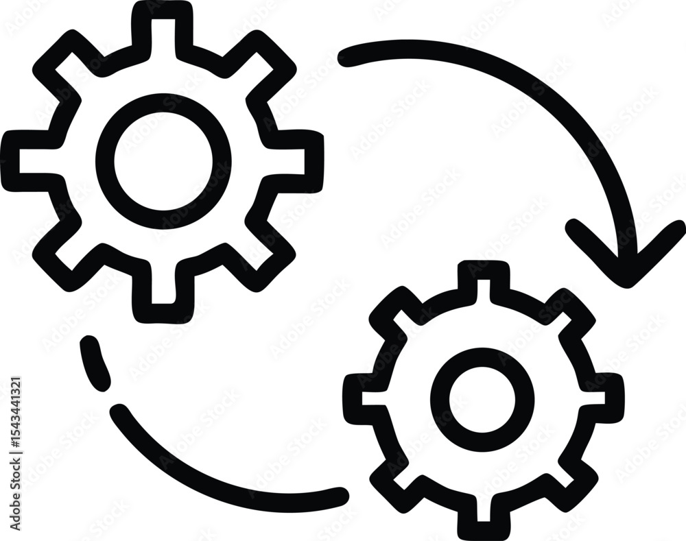 Poster two gears interacting with circular arrow - simple black and white line icon symbolizing mechanism, 