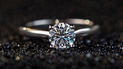 Exquisite round cut diamond solitaire ring. 14k white gold setting. Isolated on black sand background.