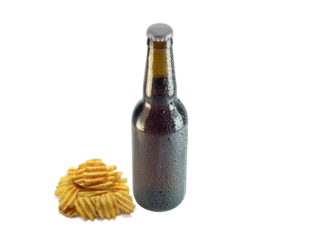 A chilled beverage bottle with condensation beside a pile of wavy potato chips, suggesting a snack time or casual gathering.