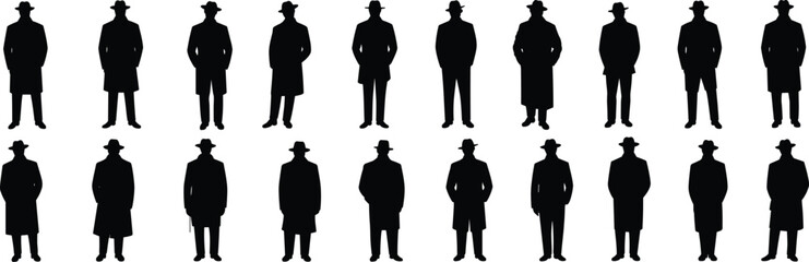  Vintage Silhouettes of Men in Suits and Hats: Classic Retro Figures in Black and White, Ideal for Historical and Noir Design Projectsflat vector illustration