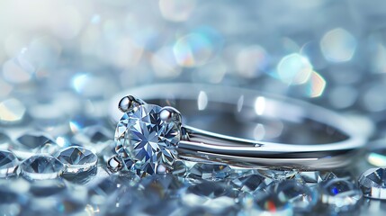 Close-up of a beautiful diamond ring on a bed of diamonds. The ring is made of white gold and has a round cut diamond in the center.