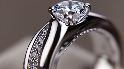 Exquisitely crafted platinum ring set with a large round brilliant cut diamond center stone and shimmering baguette cut diamonds on the band.