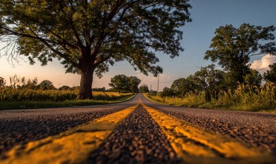 Fototapeta premium A country road with a clear sky and trees on both sides under bright sunlight.