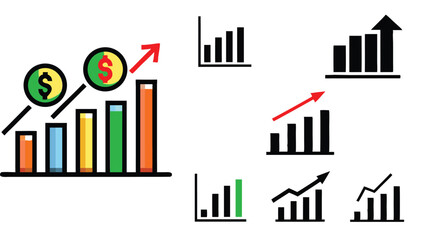 Vector Set of Growth Chart Icons with Arrows and Dollar Signs, Business Analytics Symbols