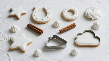 White iced sugar cookies with cinnamon sticks and meringues