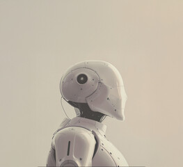 Sleek humanoid robot with minimalistic design and soft lighting in profile view