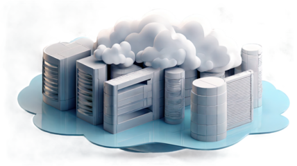 Isometric 3 D Render Light Gray Cloud Servers on Light Blue Cloud Abstract Background isolated on a transparent background