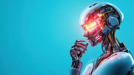 A cool, futuristic robot with glowing circuits contemplates deeply, representing themes of technology, innovation, and the future of artificial intelligence.