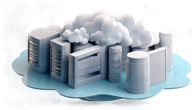 Isometric 3 D Render Light Gray Cloud Servers on Light Blue Cloud Abstract Background isolated on a transparent background