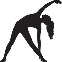 Silhouette of a woman performing a triangle yoga pose with arm extended overhead on a white background