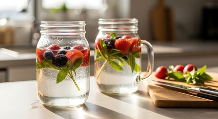 Fruit Infused Water in Jars with Strawberries and Mint